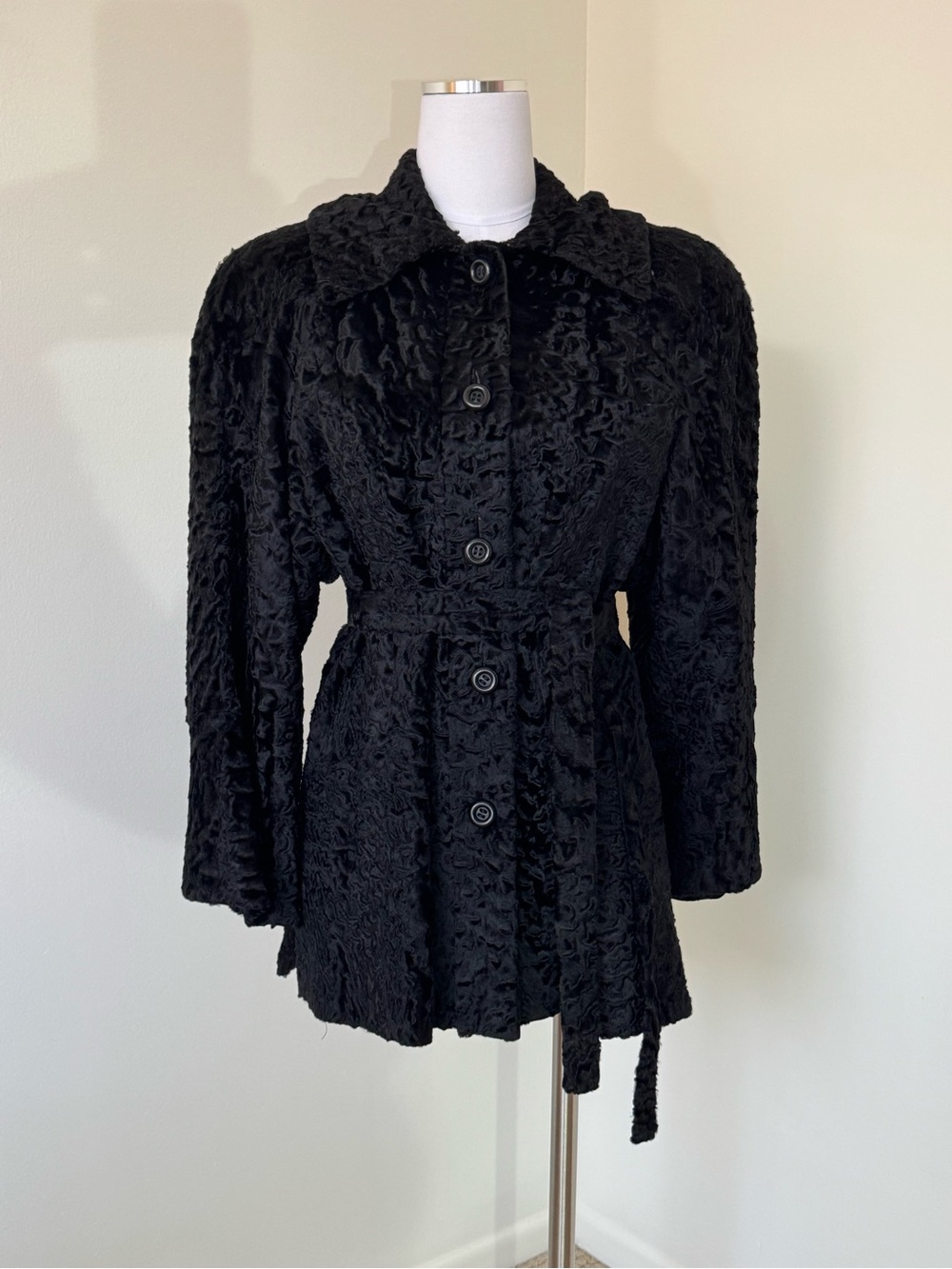 Vintage Neiman Marcus Black Curly Persian Lamb Fur Coat Belted Jacket